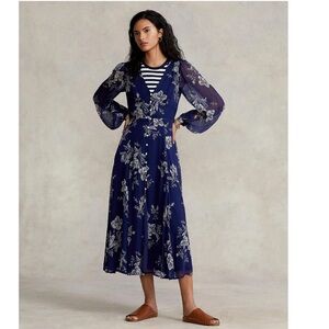 Polo Ralph Lauren Floral Button-Front Chiffon Maxi Dress Navy White 8